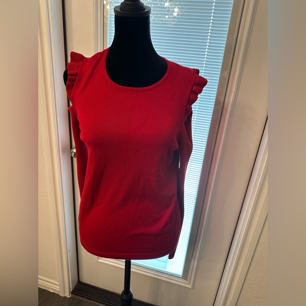 DKNY Red Ruffled Cold Shoulder Sweater Top